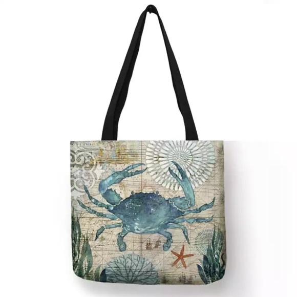 Handbags - Eco-Friendly Nautical Blue Crab Folding Tote Bag